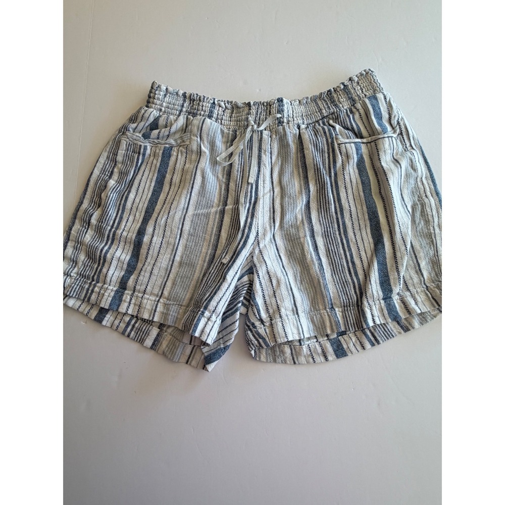 Briggs Women Blue White Striped Linen Blend Shorts Smocked Elastic 6